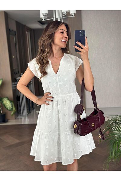Forlady4 White Women's Zero Sleeve V-Neck Scallop Waist Elastic Dress