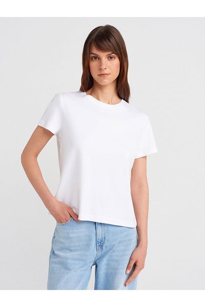 Dilvin 31757 Crew Neck Stitching Detailed T-Shirt-White