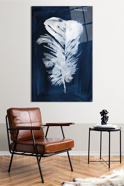 Vosevu Tablă de sticlă verticală cu pene albastre Fonda, decor modern pentru birou, decorare de perete cadou, sticlă rezistentă la spargere
