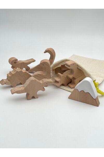 zoziva Natural Wooden Dinosaur Set, Organic Wood Toy, 10 Piece Wooden Animal Set