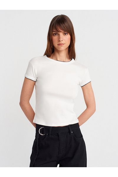 Dilvin 31750 Contrast Short Sleeve Tshirt-Ecru