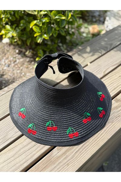 Axesoire 14624-1 Pălărie cu vizor din paie, neagră, cu fundă, broderie de cireș