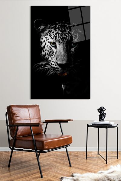 Vosevu Pictură verticală din sticlă leopard sălbatic negru, decor modern pentru biroul de acasă, decorare de perete pentru cadou, sticlă irezistibilă