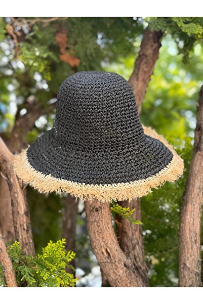 Axesoire 14613 Χειροποίητο πλεκτό μαύρο ψάθινο καπέλο με κρόσσια
