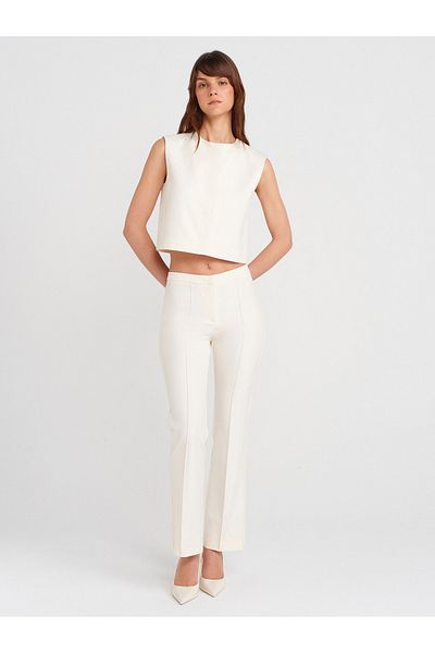 Dilvin 71658 Stitching Detailed Trousers-Ecru