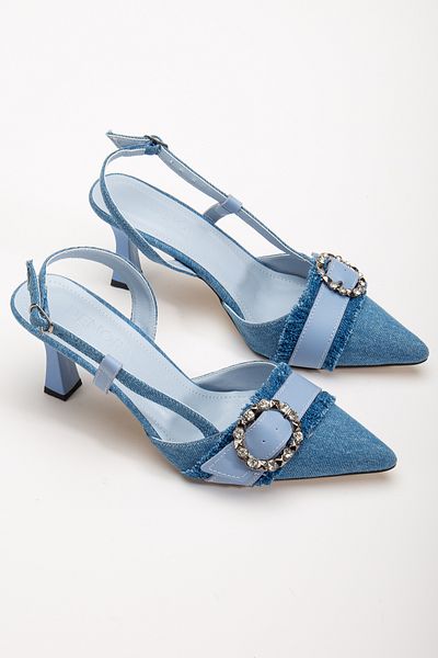DENORA Blue Denim Stone Pânză cu vârf ascuțit Închis în față Deschis în spate Pantofi cu toc