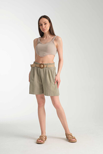 İLKCET MODA Шорти з поясом з суміші льону для жінок
