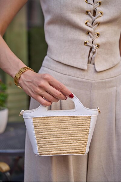 Madamra White Straw Women's Mini Straw Detailed Crossbody Bag