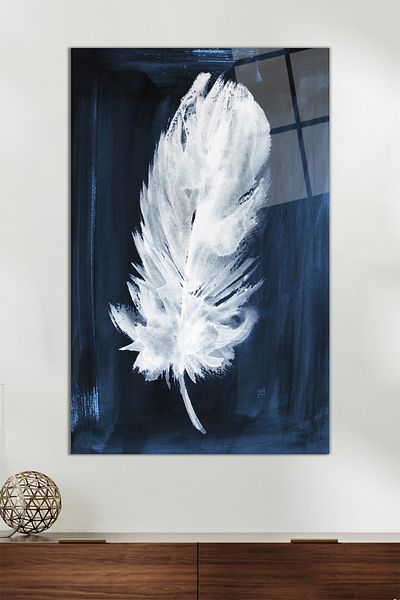 Vosevu Pictură decorativă din sticlă verticală cu pene albastre, decor modern pentru birou, decorare de perete pentru cadou, sticlă rezistentă la spargere