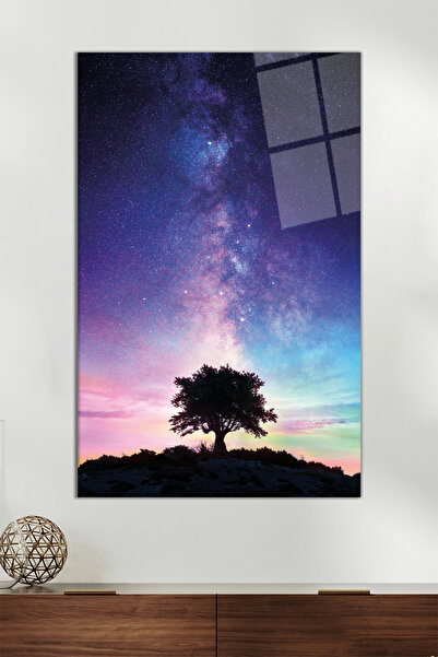 Vosevu Samanyolu ve Ağaç Dikey Cam Tablo, Modern Ev Ofis Dekoru, Hediyelik Du...