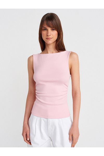 Dilvin 31589 Gathered Boat Neck Top-Powder Pink