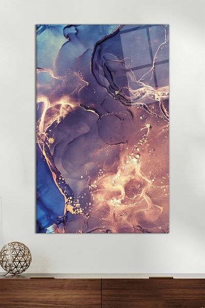 Vosevu Vas de sticlă vertical cu model abstract de aur violet, decor modern pentru birou, cadou, decorare de perete, sticlă rezistentă la spargere