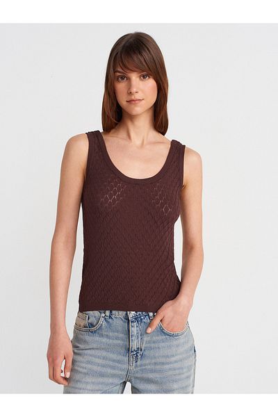 Dilvin 10749 Thick Strap Openwork Knitwear Blouse-Brown