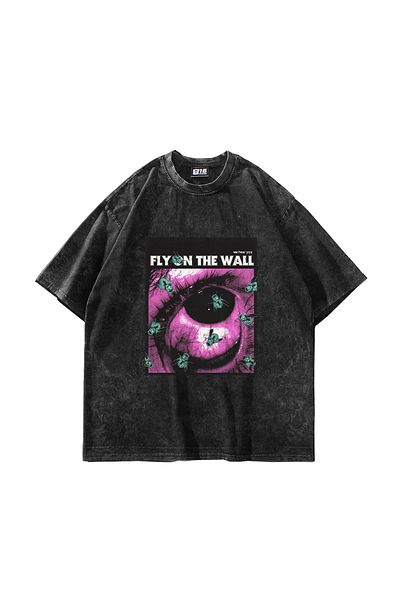 Sekizbiraltı Fly On The Wall Printed Oversize Unisex Washed Black Tshirt
