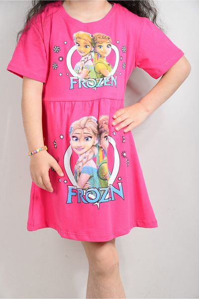 KİDSPİTİRCİK Girl's Fuchia Frozen Elsa Printed Combed Cotton Dress (100% Cotton)