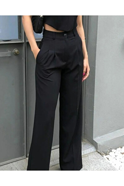 Lexsina Kadın Siyah Pileli Palazzo Kumaş Pantolon Yüksek Bel Geniş Paça Rahat Kalıp