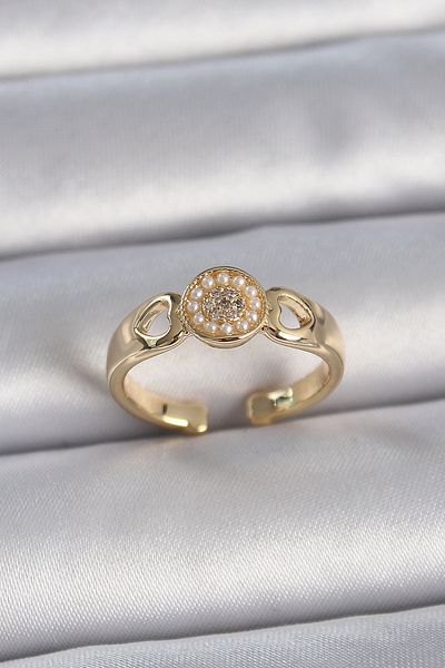 Skygo Brass Gold Color Zircon Cubic Zirconia Pearl Heart Embroidery Detail Adjustable Women's Ring - Tj-Byk3358