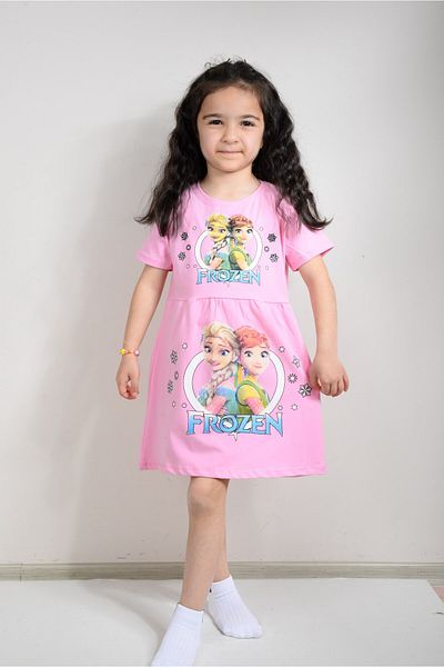 KİDSPİTİRCİK Girl's Pink Frozen Elsa Printed Combed Cotton Dress (100% Cotton)