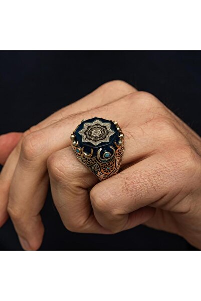 ALYANSEVİM Ayetel Kürsi Hat Yazılı Mavi Taşlı 925 Gümüş Yüzük