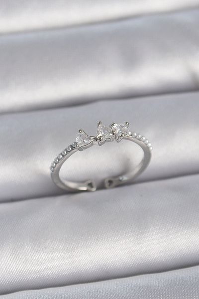 Skygo Brass Silver Color Zircon Stone Heart Pearl Detail Adjustable Model Women's Ring - Tj-Byk3363
