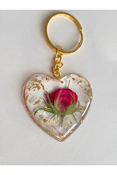 Ustaeller HEDİYELİK KALP ANAHTARLIK İÇERİSİNDE GERÇEK KURUTULMUŞ GÜL VE VARAKLI SİMLE SÜSLENMİŞ ÖZEL HEDİYE