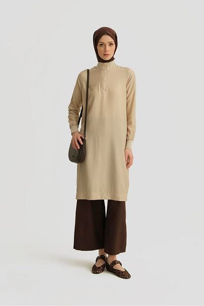 Armine Trend New Season Half Zippered Tunik with Ribbed Sleeves and Collar Modaayka