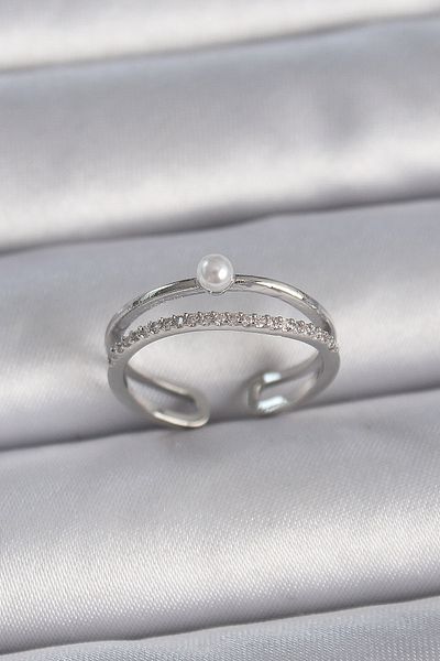 Skygo Brass Silver Color Zircon Stone Pearl Detail Adjustable Model Women's Ring - Tj-Byk3371