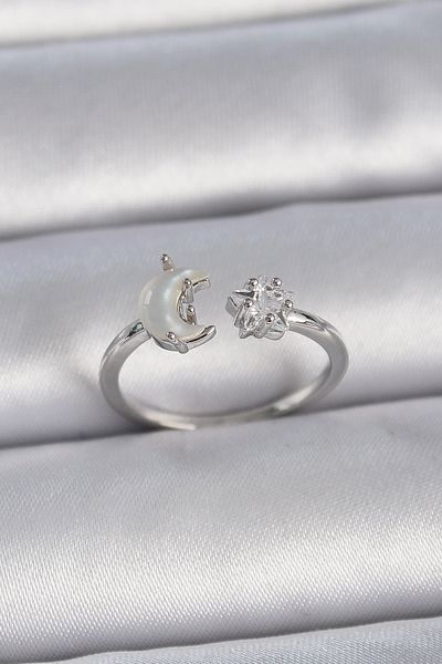 Skygo Brass Silver Color Pearl Crescent Zircon Stone Star Adjustable Women's Ring - Tj-Byk3361