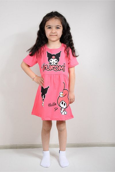 KİDSPİTİRCİK Girl's Fuchia Kuromi Printed Combed Cotton Dress (100% Cotton)