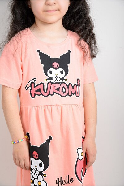 KİDSPİTİRCİK KIZ ÇOCUK SOMON KUROMİ BASKILI PENYE ELBİSE (%100 PAMUK)