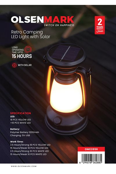 Olsenmark Retro Camping LED Light with Solar OME2856, 15 Hours Working, emergency