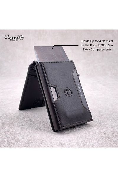 Classic Milano RFID Blocking Leather Card Holder for Men with Pop-Up Slot, ID Window & Magnetic Closure.