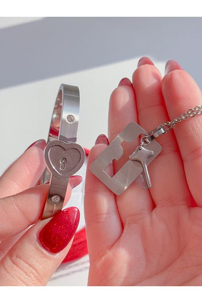 Reorah Collection Steel Color Locked Heart Handcuffs and Bracelet Key Necklace Set
