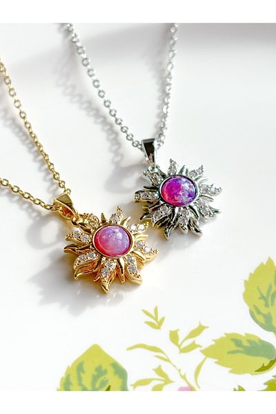 Reorah Collection Rapunzel Sun Fidget Steel Necklace-Spinning Sun Necklace Steel with Purple Stone