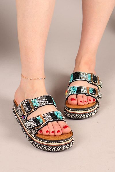 Birikon Concha Slippers with Beads and Stone Accessories Black