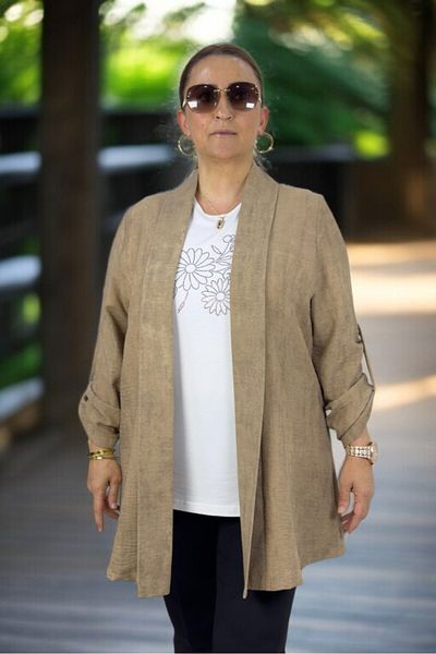 yagmurberen Folding Sleeve Shawl Collar Unlined Flaming Linen Jacket Short Sleeve Stone Cycling Collar Bluz Double Suit