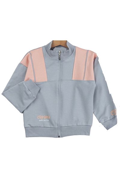 İrem Çocuk Giyim Girl's Creamy Written Crop Model Zipper Closure Gray Cardigan