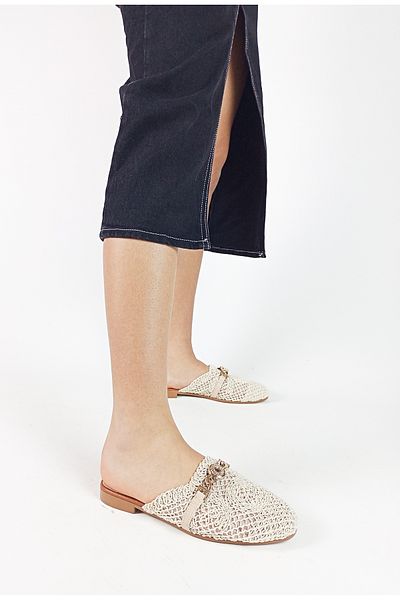GDT Ayakkabı Beige Color Knitwear Knitted Stone Detailed Lacy Women's Slippers