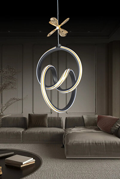 Elektroyou Yaren Siyah Kumandalı 3 Renk LED Gold Çizgili Kelebek Detaylı Sarkıt Dimmerli LED Avize