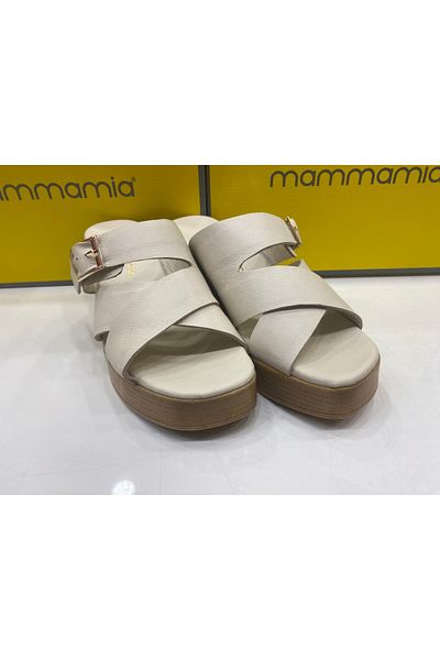 Mammamia D25YT-1200 Γυναικεία κρέμα παντόφλες με τακούνι από γνήσιο δέρμα