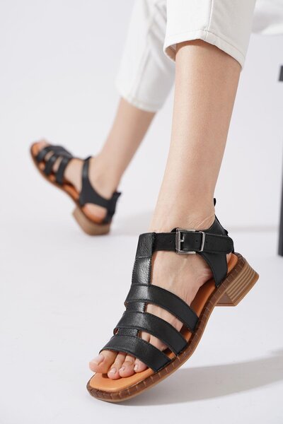 Moda Pie Nescar Üç Bant Hakiki Deri Kadın Sandalet Siyah Cilt