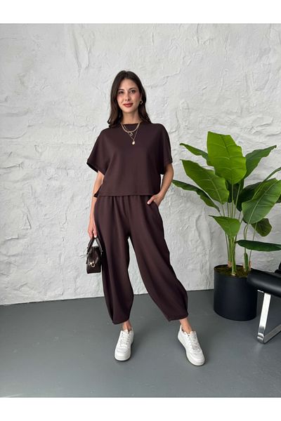 Elif Özbey Butik Brown Modal Tshirt Pants Set