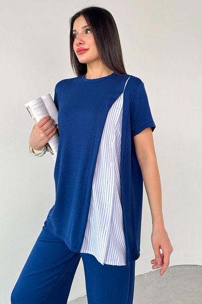 Cappmoda TKM-03701 Μπλε ναυτικό πουκάμισο με λεπτομέρεια σχέδιο T-shirt Παντελόνι με ελαστική μέση Σετ δύο τεμαχίων