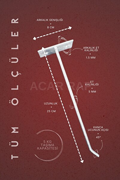 Acar Raf Duvar Kancası 10 Adet 25 Cm Duvar Ve Suntaya Monte Askı Tel Çubuk