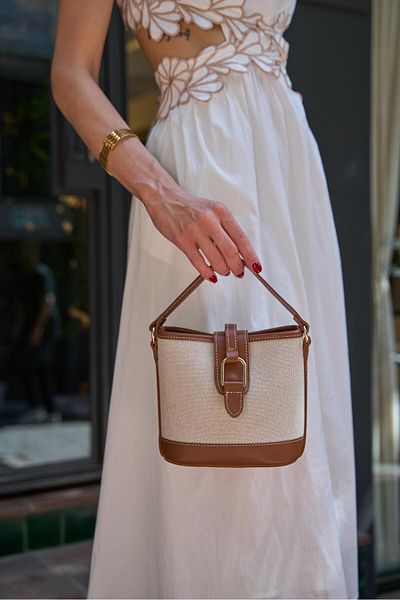Madamra Canvas-Tan Women's Modern Design Buckle Hand and Shoulder Bag