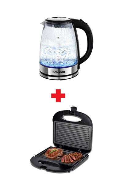 sonashi شواية 2 شريحة وغلاية لاسلكية 1.8 لتر، شواية غير لاصقة مع حماية من الح...