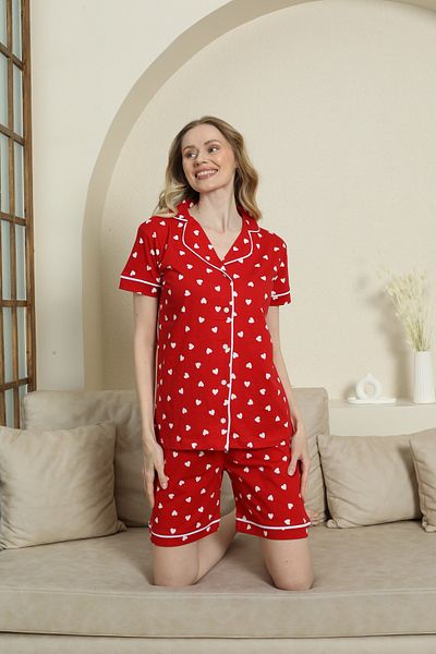 KAPİTEX Buttoned Short Sleeve Shorts Heart Printed Red Color Pajama Set