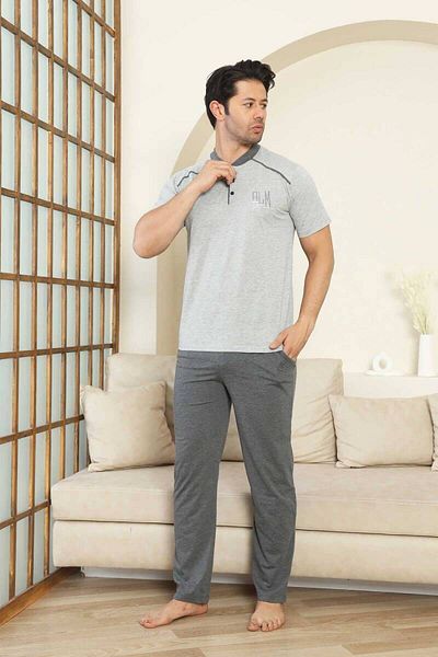 ALİMER Men's Pajama Set - Gray Crest Embroidered Short Sleeve Combed Cotton 1187Ky