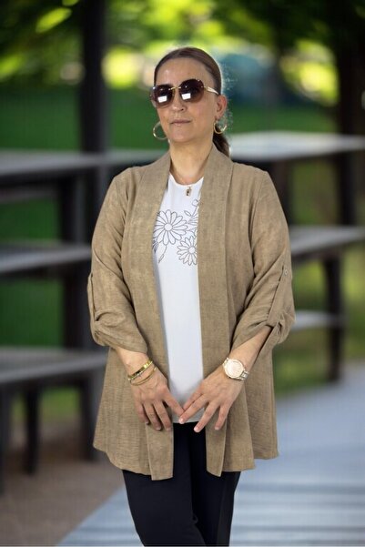 yagmurberen Folding Sleeve Shawl Collar Unlined Flaming Linen Jacket Short Sleeve Stone Cycling Collar Bluz Double Suit