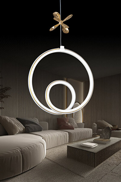 Elektroyou Yakamoz Beyaz Özel Tasarım Gold Çizgili Gold Kelebek Dekor Detaylı Sarkıt Beyaz Ledli Avize